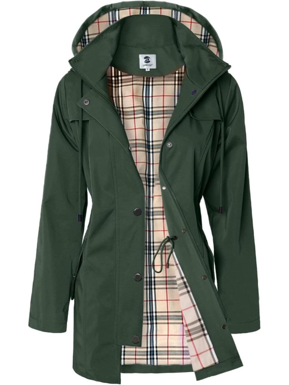 Women's Green Hooded Plaid Lined Waterproof Drawstring Windbreaker Rain Coat